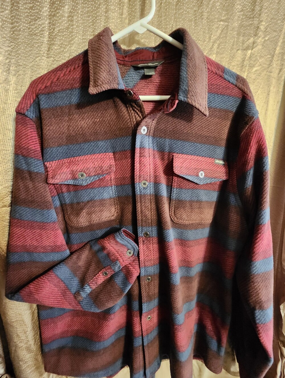 Eddie Bauer Men's Red, Blue & Brown Striped Button-Up Shirt Jacket